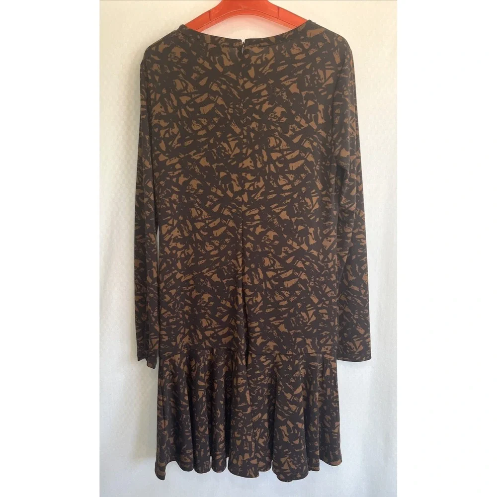 Michael Kors Abstract Print Drop Waist Pleated Dress Brown Black Medium
